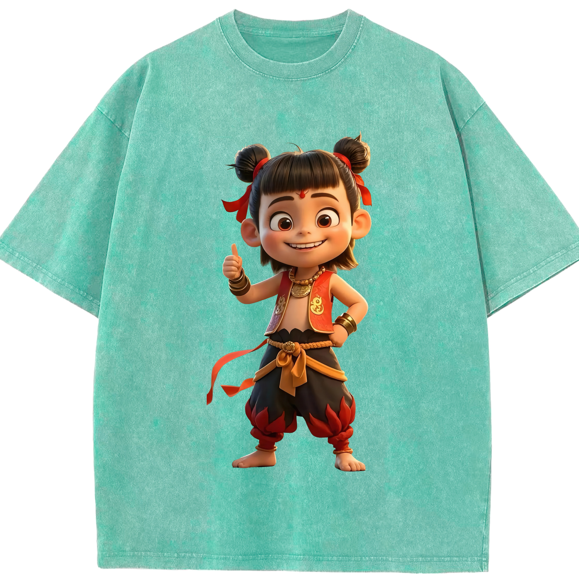 （画像用） Ne Zha 2 ナタ 魔童の大暴れ 綿100% ヴィンテージ風 半袖Tシャツ（フロントプリント）